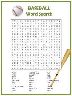 a baseball word search with a bat and ball in the middle, on top of it