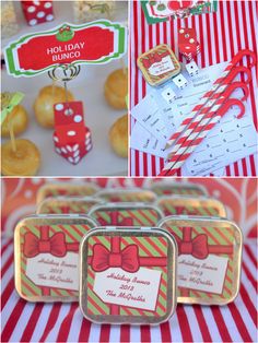 christmas themed items are displayed in this collage with red and green striped tablecloths