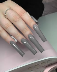 Long Grey Acrylic Nails, Grey Nails Square Long, Plain Xl Acrylic Nails, Matte Square Nails Long, Xl Solid Color Nails, Grey Long Acrylic Nails Square, Gray Square Acrylic Nails, Long Square Acrylic Nails Gray, Grey Acrylics