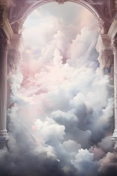 an arch in the sky with clouds and light coming from it's doorways