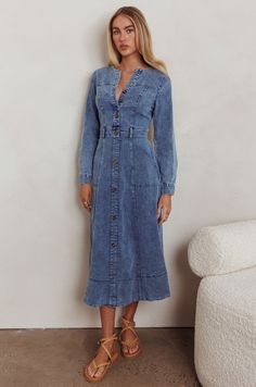 Meet the Jade Long Sleeve Denim Dress—the perfect weekend piece. Featuring front buttons and embellished stitching, it’s effortlessly versatile. Keep it casual with sneakers, or elevate your look with pumps. This dress is your go-to for easy, stylish dressing. DETAILS V neckline Front pockets Front button closure Belt loops Elastic back MATERIAL Self: 65% Cotton 35% Polyester Picnic Dates, Long Sleeve Denim Dress, Yellow Bridesmaid Dresses, Purple Bridesmaids, Yellow Bridesmaids, Red Bridesmaids, Denim Midi Dress, Dress Pockets, Dress Denim