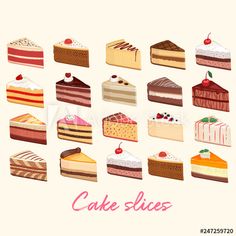 a bunch of different types of cakes on a white background with the words domestic cake slices