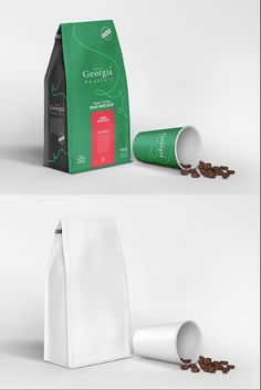 the packaging design is designed to look like it has been opened and spilled into coffee beans