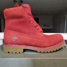 Red Timberland Shoes One Sz Available. Mens Sz 8.5. Authentic Red Moc Toe Boots With Vibram Sole, Red Leather Timberland Boots, Red Moc Toe Boots With Reinforced Toe, Classic Red High-top Boots, Red Timberland Boots With Round Toe, Red Round Toe Sneakers With Vibram Sole, Red Low-top Outdoor Boots, Red Casual Boots With Vibram Sole, Casual Red Boots With Vibram Sole