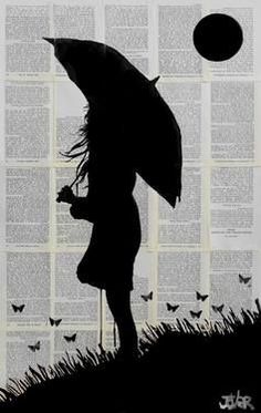 a person holding an umbrella standing in front of a book page with butterflies flying around