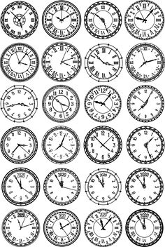 a set of twelve clocks with different time zones and numbers on each clock face, vintage engraved in black ink