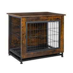 an old wooden cage with metal bars on the front and bottom, is shown against a white background