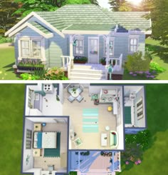 two views of the same house from above and below, each with its own living area