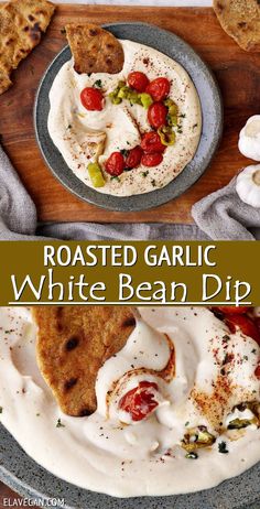 roasted garlic and white bean dip on a plate with pita bread