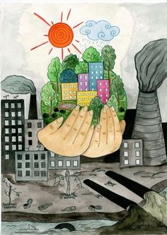 a drawing of two hands reaching out to each other in front of buildings and trees