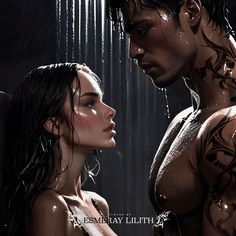 a man and woman are in the shower with their backs turned to each other as they stare into each other's eyes