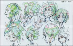 a bunch of anime character sketches with green hair and different facial expressions on their faces