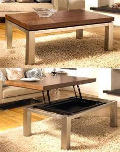 the coffee table is made from wood and metal