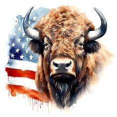 an american bison with the colors of the flag painted on it's face and horns