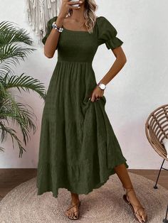 Women's Solid Color Simple Casual Puff Sleeve Dress Maxi Women Outfit Olive Green Casual,Boho  Short Sleeve Woven Fabric Plain A Line Slight Stretch  Women Clothing, size features are:Bust: ,Length: ,Sleeve Length: Dark Green Dress, Puff Sleeve Dress, Women Maxi, Puffed Sleeves Dress, Women Long Dresses, Boho Casual, Flowy Dress, Long Dresses, Kids Beachwear