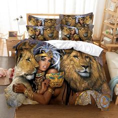 a bed with two lions and a woman on it