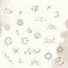 the sun, moon and stars are drawn in black ink on a white paper background