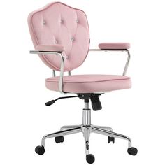 pink office chair with chrome base and armrests on wheels, viewed from the front