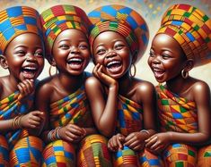 three african girls laughing and wearing brightly colored headdresses, one with her hands on her chin