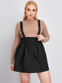 Black Casual   Polyester Plain Pinafore Embellished Non-Stretch Summer Plus Size Bottoms Female Fashion, Boss Babe, Black Casual