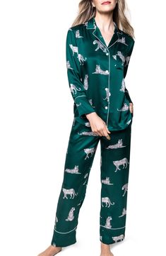 Exude elegance through your morning and nighttime routines in these luxurious Mulberry silk pajamas featuring a fierce print framed in classic piping. 27 1/2" top length; 29 1/2" inseam; 17" leg opening; 11" front rise; 16 1/2" back rise Top has front button closure; notched collar; long sleeves; chest patch pocket Pants have elastic/drawstring waist; side-seam pockets 100% silk Hand wash, line dry Imported Night Time Routine, Silk Shorts, Silk Pajamas, Notched Collar, Pocket Pants, Pajama Shorts, Mulberry Silk, Sleepwear Women, Piping