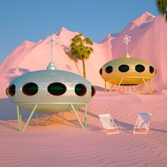 two futuristic structures in the desert with palm trees