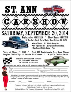 an advertisement for the st ann car show, featuring classic cars and women's clothing