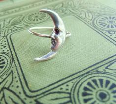 Silver Moon Ring, Art Nouveau Tattoo, Nouveau Tattoo, Crescent Moon Ring, Moon Ring, Silver Moon