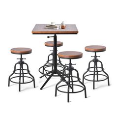 four stools and a table with a book on the top, in front of a white background