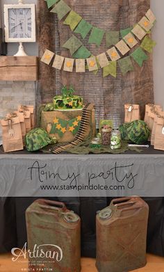 an army themed party with green and yellow decorations on the table, including two gas canisters