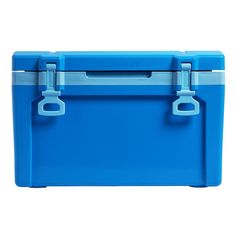 a large blue cooler with two handles on the front and one handle is attached to it