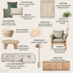 living room furniture and decor items that are labeled in the english language, including sofas,