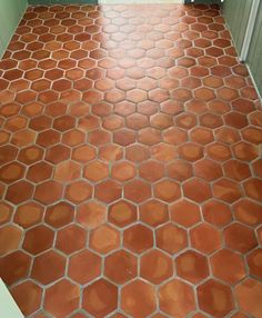 a bathroom with an orange tiled floor and green walls