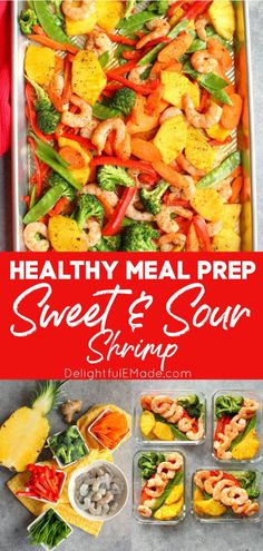 healthy meal prep sheet with shrimp, broccoli and pineapples in it