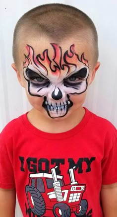 Firey Skull Kid Halloween Face Paint Ideas, Calavera Face Painting, Kids Skull Face Paint, Kids Halloween Makeup Boys, Halloween Face Painting For Kids, Face Painting Skull, Halloween Makeup For Kids Boys, Maquillaje Halloween Infantil, Halloween Kids Makeup