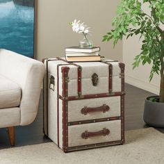 an old suitcase is sitting on the floor next to a potted plant and books