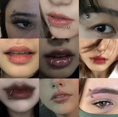 many different pictures of women with piercings on their nose and lips, including the upper lip