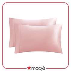 two pink pillow cases sitting next to each other on a white background with red border