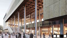 people are walking around in front of a building that has columns on the outside and is made of concrete