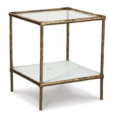 a white marble and gold metal side table with square glass shelves on each side,