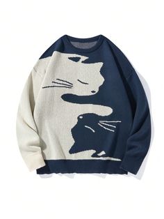 Men's Cat Print Crew Neck Long Sleeve Knit Sweater Navy Blue Casual  Long Sleeve Knitwear Animal,Cartoon Pullovers Slight Stretch  Men Clothing, size features are:Bust: ,Length: ,Sleeve Length: Cute Sweaters Men, Cozy Clothes Men, Baggy Sweater, Cool Sweater, Sweaters Men, Baggy Sweaters, Oversized Clothes, Mens Sweaters, Plus Size Pullover