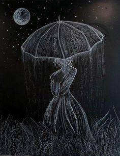 a chalk drawing of a woman holding an umbrella in the rain at night with the moon behind her