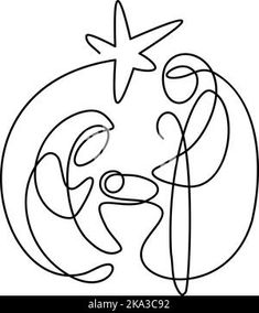 the nativity scene with star and moon, outline drawing on white background - stock photo