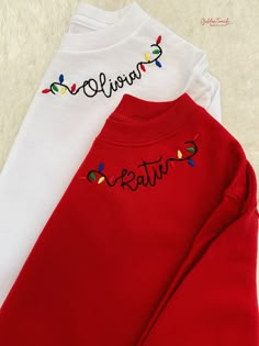 EMBROIDERED TODDLER SHIRT WITH CUSTOM NAME IN CHRISTMAS LIGHTS Long sleeve, embroidered with custom name surrounded by colorful Christmas lights, toddler/unisex sizing, 100% cotton. Name appears along the collar-line of the shirt. Available in RED (sweatshirt) or WHITE (long-sleeve tee) Please enter the name you'd like embroidered in the personalization box. Failure to enter the name could result in order delays. Please be sure to enter the exact name and double check spelling. GTE cannot be hel Christmas Embroidery Designs For Shirts, Christmas Shirt Embroidery Designs, Diy Christmas Tshirts Ideas T Shirts, Christmas Embroidery Crewneck, Diy Christmas Sweater Cricut, Hand Embroidered Christmas Shirt, Christmas Light Shirt, Christmas Shirt Embroidery, Christmas Work Shirts