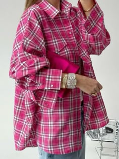 Pink Grid, Pink Plaid Shirt, Plaid Shirt Women, Embellished Shirt, Embellished Blouse, Embellished Top, Loose Shirts, Pink Plaid, Blouse Patterns