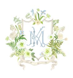 the letter m is surrounded by flowers and leaves