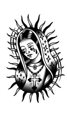 a black and white drawing of a virgin mary with stars on her head in the background