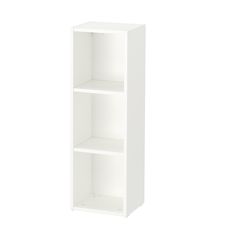 a white bookcase with three shelves on each side and one shelf above the other