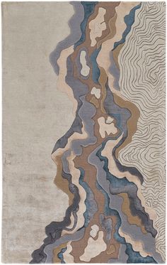 an abstract rug with wavy lines on the top and bottom in grey, brown, blue, beige and white colors