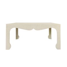 a white table with two legs and a curved design on the top, against a white background